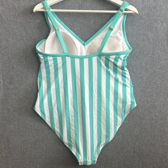 Kona Sol Swim Striped One-Piece Swimsuit 14W Aqua/White - Picture 2 of 8